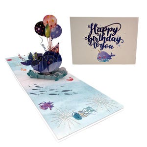 Buon compleanno balena con palloncini di compleanno Biglietto pop-up 3D Biglietto di auguri Biglietto di compleanno Biglietto di auguri di compleanno per bambini con animali Biglietto con animali