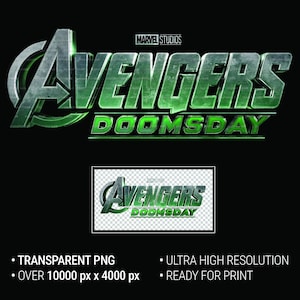 Peut inclure: Sur fond noir, le logo Marvel Studios et l'inscription "AVENGERS DOOMSDAY" en vert métallisé. En dessous, une version plus petite du logo. Le texte en bas indique "PNG TRANSPARENT" et "HAUTE RÉSOLUTION".