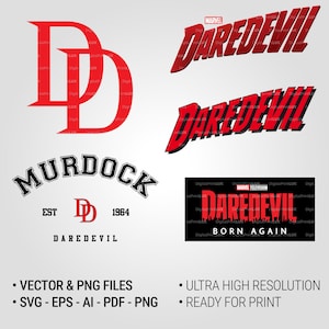 Puede incluir: Varios diseños gráficos rojos y negros con la palabra "Daredevil" en diferentes fuentes, y el logotipo doble "DD". Incluye un diseño con "Murdock" y "EST 1964". La imagen también incluye texto sobre tipos de archivos y resolución.