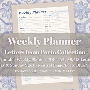 Planificador semanal imprimible (versión azul/beige) sin fecha, tamaño A4/A5 (carta EE. UU.), inicio lunes y domingo, planificador de productividad, descarga digital.