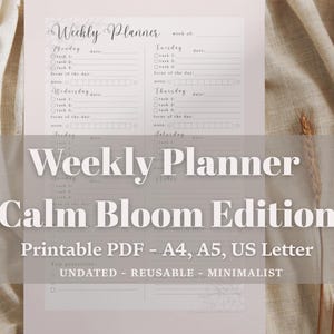 Planejador Semanal PDF para Imprimir – Planejador Minimalista A4 A5 Carta EUA sem Data – Design Botânico Suave