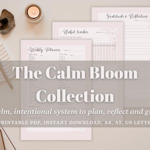 Planificador imprimible (PDF, semanal, de hábitos y de gratitud) con plantillas de autocuidado con diseño floral suave, tamaño carta, A4 y A5.