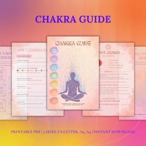 Op de afbeelding: Een afdrukbare Chakra Gids met de titel "CHAKRA GUIDE" in paars. De gids toont een mediterende figuur met kleurrijke chakra symbolen en tekst. De tekst bevat "DAILY CHAKRA JO", "DOT CHAKRA" en "PRINTABLE PDF".