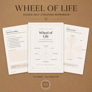 以下が含まれることがあります： 19ページの記入可能なPDFワークブック「Wheel of Life Guided Self-Coaching Workbook」。表紙、キャリアと天職に関する振り返りページ、および人生の各領域を評価するための円形のホイール図で構成されています。
