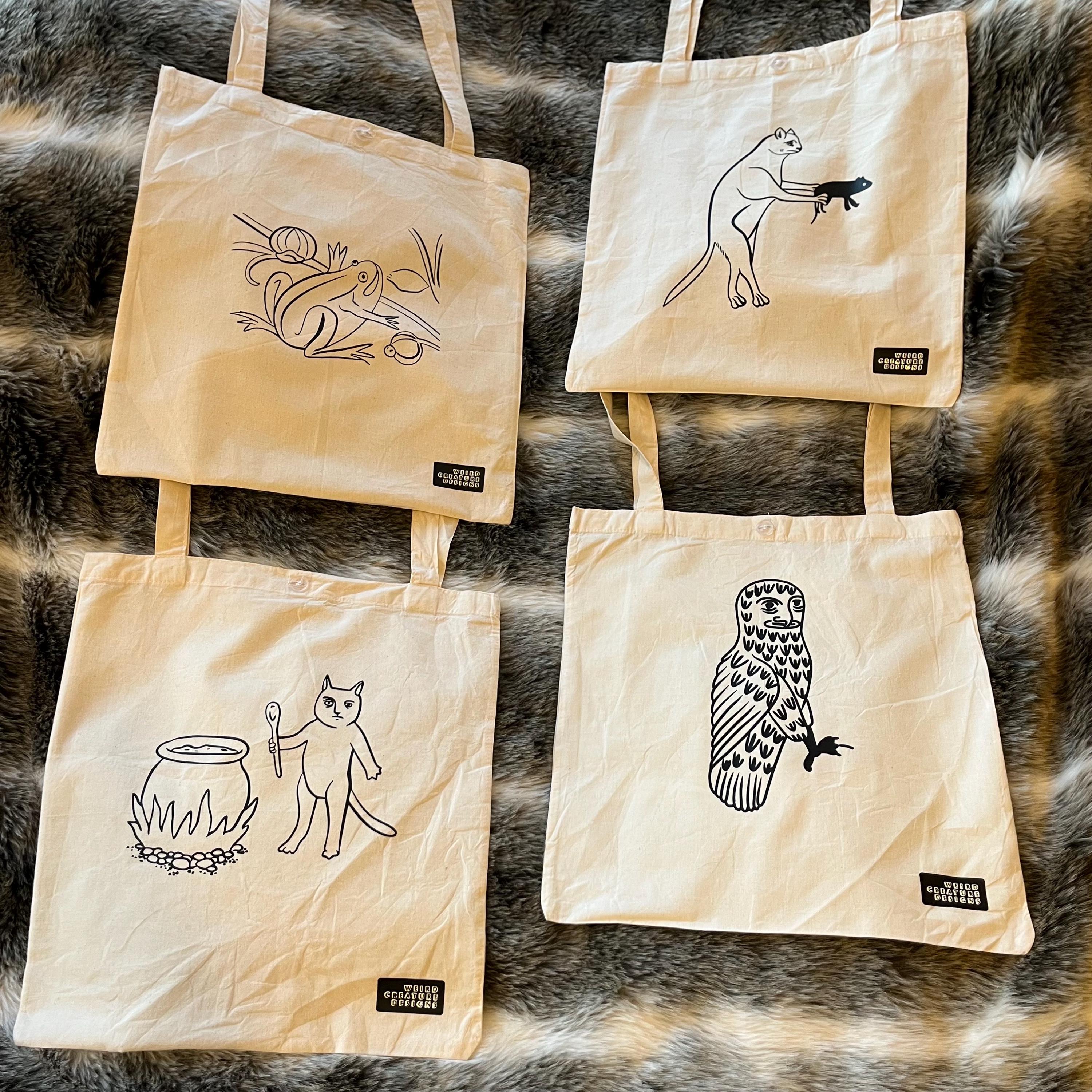 Medieval animal tote bag! Medieval cat with rat, owl, frog and cat with a cauldron. Weird Creature D