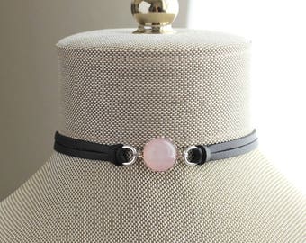 Rose Quartz Choker. 14 Leather colors to choose from