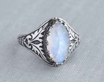 Rainbow Moonstone Navette Ring. Gemstone Ring