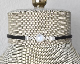 Rainbow Moonstone Black Leather Choker. Sterling Silver