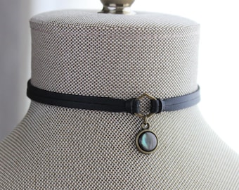 Gemstone Black Leather Choker. Black Pearl Choker. 17 Gemstone options. 14 leather colors.