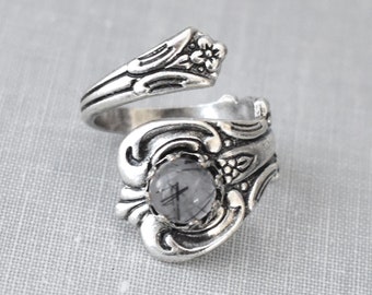 Black Rutile Quartz Spoon Ring. Gemstone Spoon Ring (The ORIGINAL)