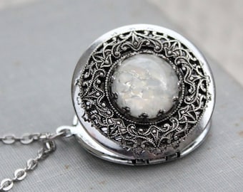 White Fire Opal Locket Necklace