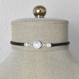 Rainbow Moonstone Black Leather Choker. Sterling Silver. DAINTY Choker. 27 Gemstone options. 14 leather colors.