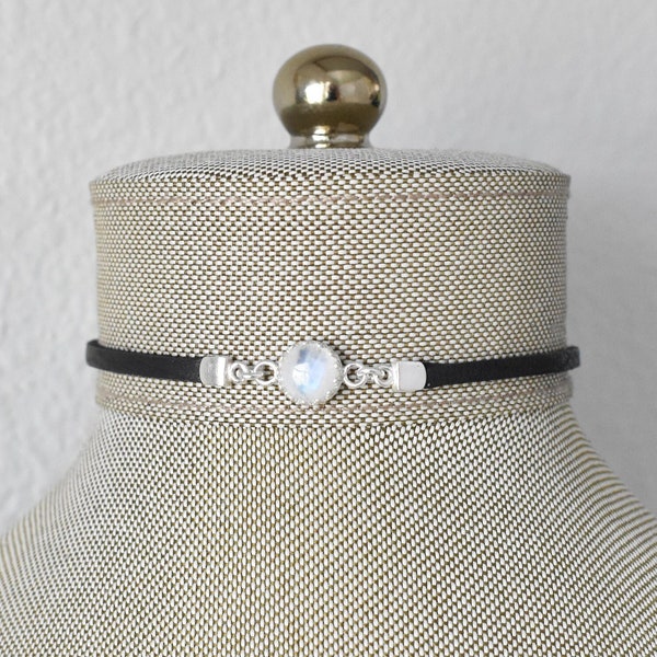 Rainbow Moonstone Black Leather Choker. Sterling Silver. DAINTY Choker. 27 Gemstone options. 14 leather colors.