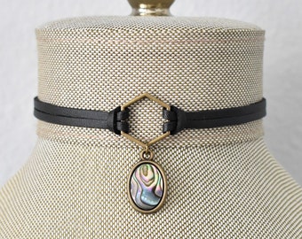 Abalone Choker. Hexagon Faux Leather or Suede Choker.