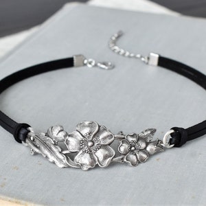 Hibiscus Floral Leather Choker. Choose from 20 leather colors