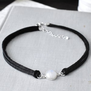Rainbow Moonstone Leather Choker. Sterling Silver. 14 Leather Options