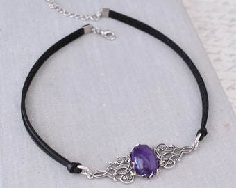 Amethyst Choker. Gemstone or Opal Statement Choker. 16 Leather colors to choose from