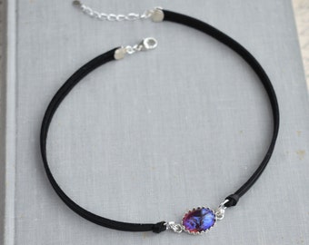 Dragons Breath Mexican Fire Opal Choker. Sterling Silver. 8 Opal Color Options. 14 Leather color options