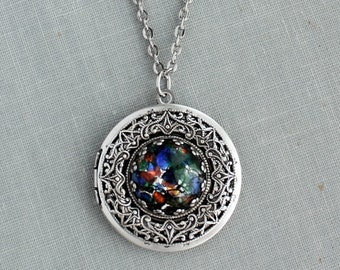 Black Multi Color Opal Locket Necklace