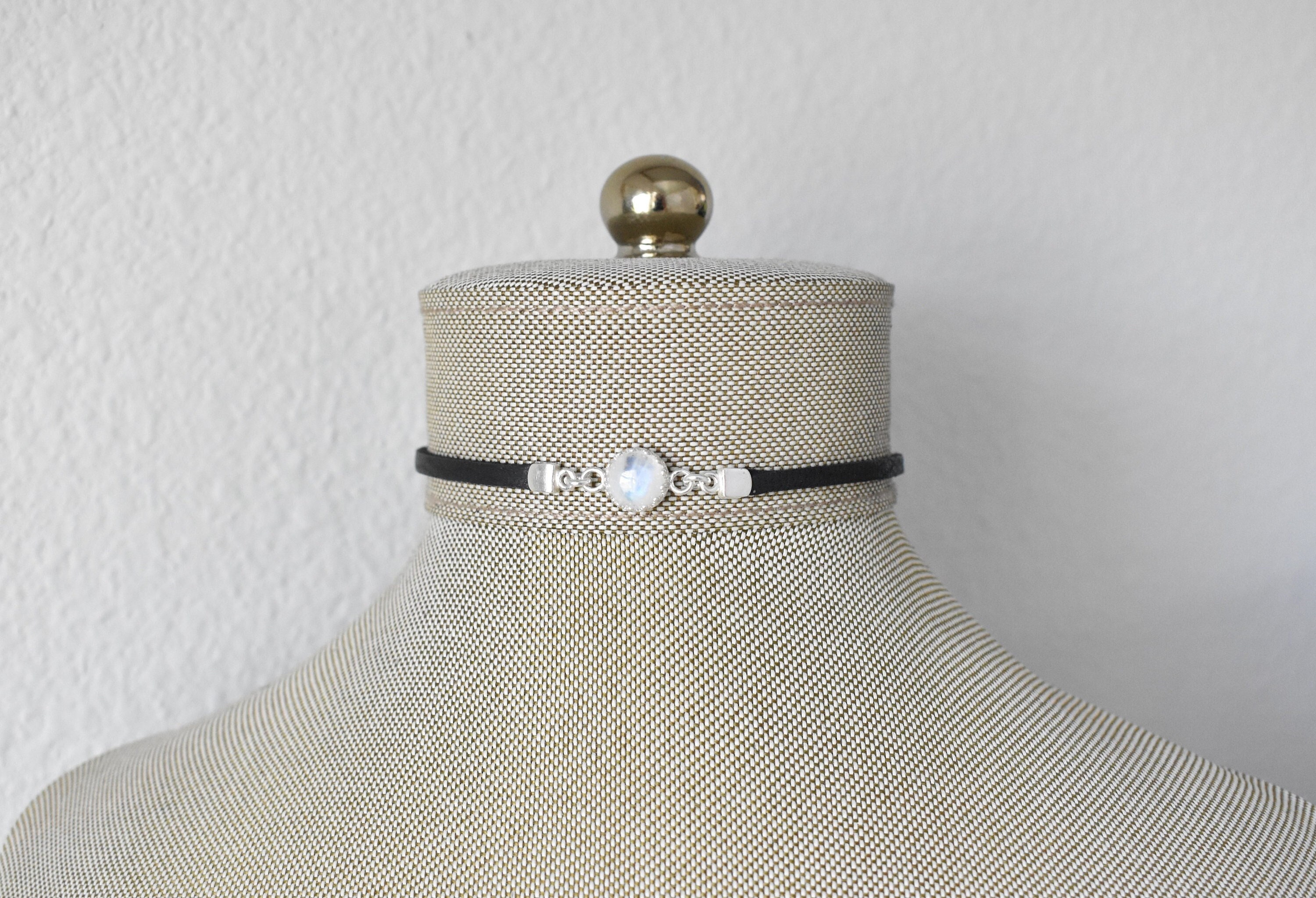 ★人氣★LOVE ME MONSTER★Cubic Ribbon Leather Choker Rainbow Moonstone Black Leather Choker. Sterling Silver