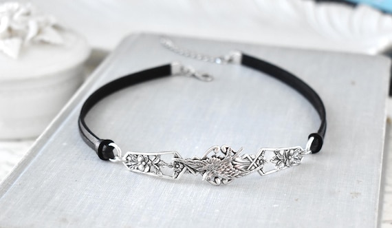 Floral Bird Leather Choker. Choose from 20 leather colors