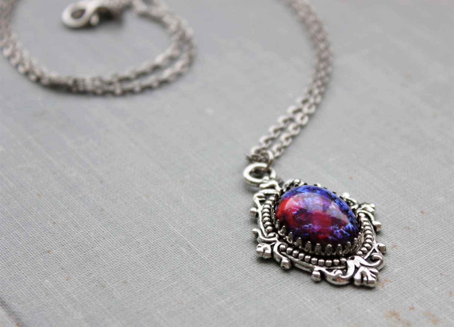 Simulated Garnet & Ocean Blue Fire Opal Pendant - Silver Rhodium Plated Jewelry
