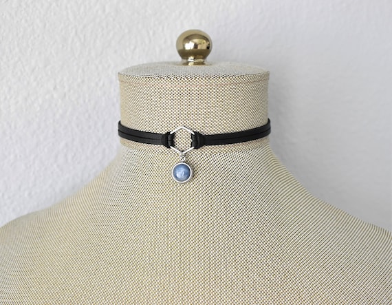 Kyanite Gemstone Faux Leather Choker. Stainless Steel. 26 Gemstone options. Over 30 leather or suede colors.