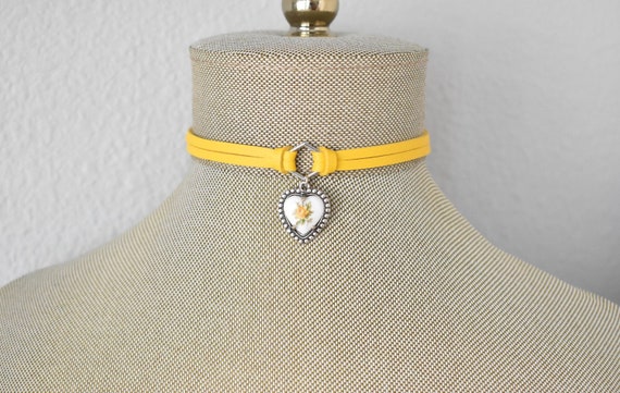 Yellow Rose Heart Leather Choker. Vintage Floral. Over 20 Leather or Suede colors to choose from