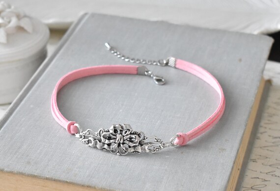 Silver Filigree Bow Choker. Coquette Jewelry. Over 20 Leather or Suede colors to choose from