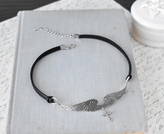 Under His Wings Cross Leather Choker. Over 20 Leather or Suede colors to choose from