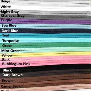 Puede incluir: Una tabla que muestra 18 colores diferentes de cord&oacute;n de gamuza sint&eacute;tica. Los colores son beige, blanco, gris claro, gris antracita, morado, azul cielo, azul oscuro, verde azulado, turquesa, verde, verde menta, amarillo, rosa, rosa chicle, negro, marr&oacute;n oscuro, marr&oacute;n, marr&oacute;n camel, nude y marfil.