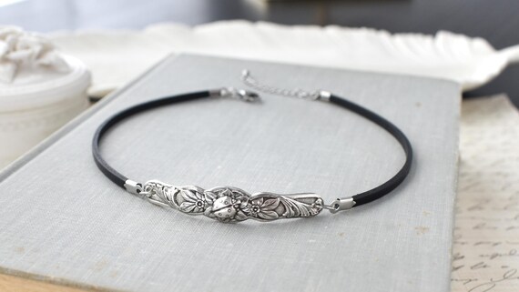 Dainty Floral Ladybug Leather Choker. Real Leather