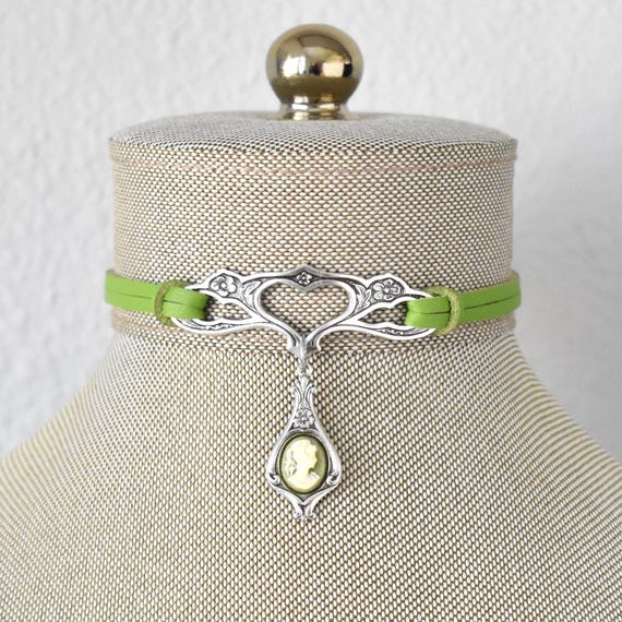 Green Cameo Choker. Vintage Style. Over 20 Leather or Suede colors to choose from
