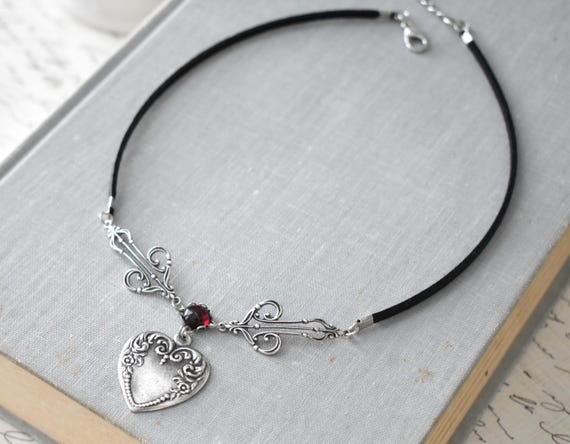 Garnet Heart Leather Choker. 22 Gemstone/Opal Options