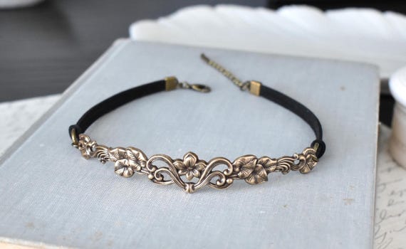 Antique Brass Or Silver Floral Vine Leather Choker. Over 20 Leather/Suede Options