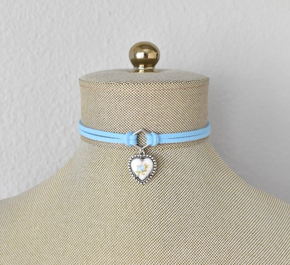 Blue Rose Heart Choker. Vintage Floral. Over 20 Leather or Suede colors to choose from