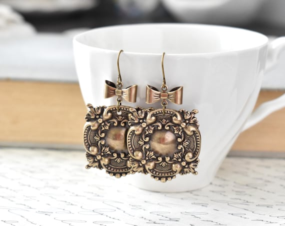 Antique Brass Romantic Bow Statement Earrings
