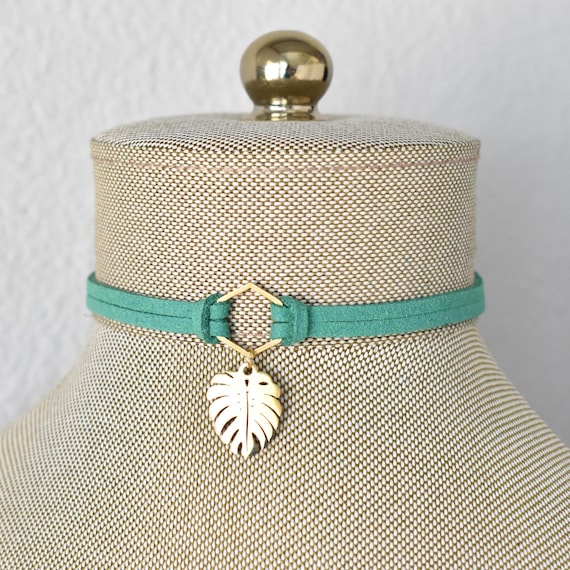 Monstera Leaf Suede Choker: Stainless Steel, Tropical Jewelry