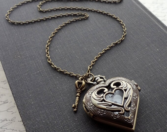 Art Nouveau Heart Pocket Watch Necklace in Antique Brass. Key. Etsy