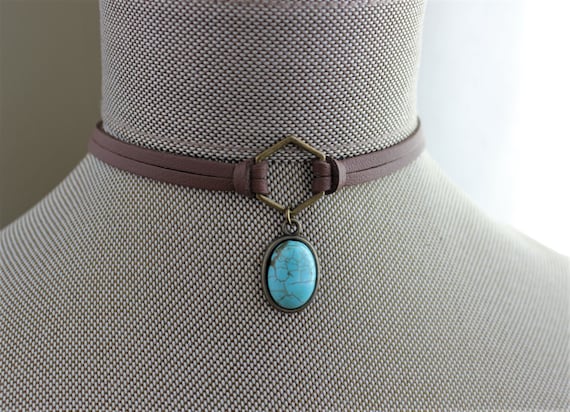 Turquoise Choker. Hexagon Suede Choker.