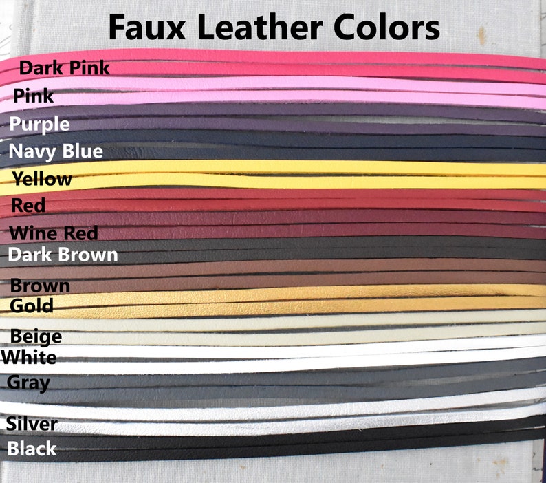 May include: A selection of faux leather strips in various colors, including dark pink, pink, purple, navy blue, yellow, red, wine red, dark brown, brown, gold, beige, white, gray, silver, and black. The text "Faux Leather Colors" is at the top.