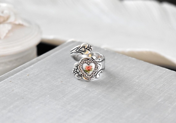 Rose Heart Spoon Ring. Pink, Blue or Yellow Rose option