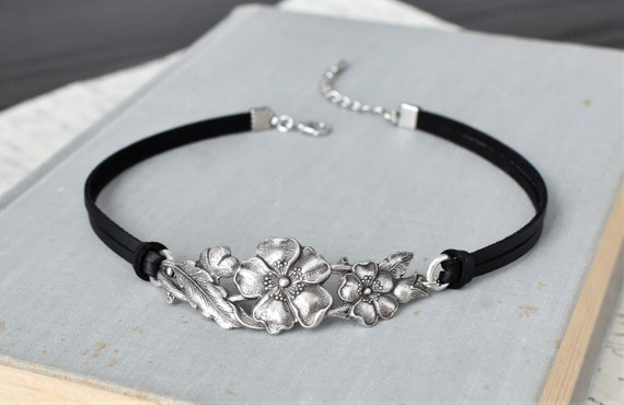 Hibiscus Floral Leather Choker. Choose from 20 leather colors
