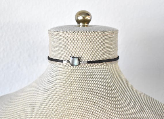 Black Pearl Cat Leather Choker. Dainty. Black Pearl or White Pearl