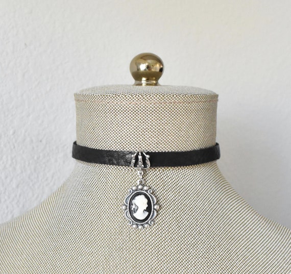 Victorian Cameo Leather Choker: Antique Brass or Silver