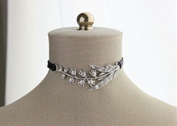 Lily of the Valley Leather Choker. Over 20 leather colors. Silver or Antique Brass