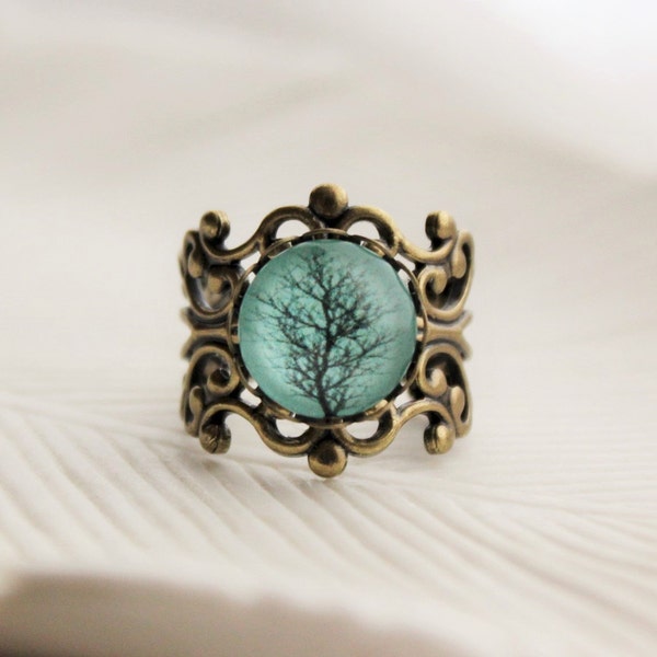 Aqua Tree Filigree Statement Ring. Adjustable.