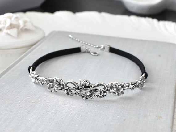 Swallow Floral Vine Leather Choker. Choose from 20 leather colors