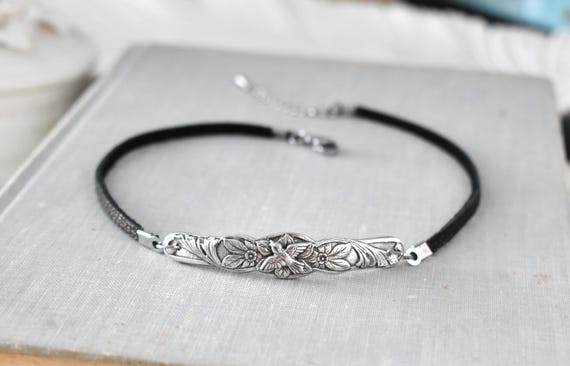 Dainty Floral Bird Leather Choker. Real Leather