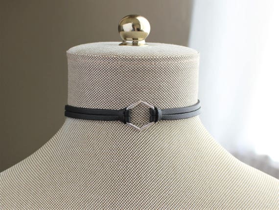 Hexagon Leather Choker. Silver, Gold, or Bronze. 14 Leather colors to choose from